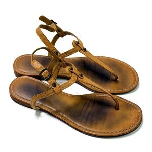 Frye Carson‎ Tan Leather T-Strap Studded Thong Sandals Size 9.5 FLAW Shoes Flats